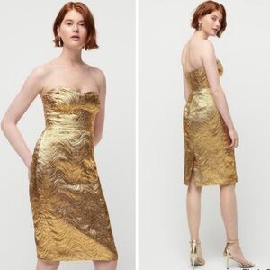 J. Crew Collection Gold Metallic Bodice Jacquard Leaf Cocktail MIDI Dress 10 NWT